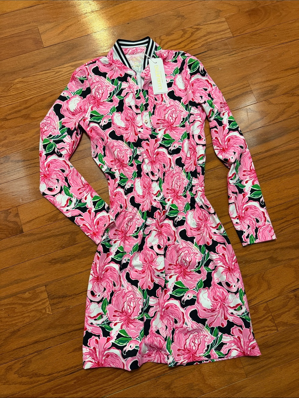 Lilly Pulitzer Pink Floral button-Front luxletic Dress with Black-Trim Accents